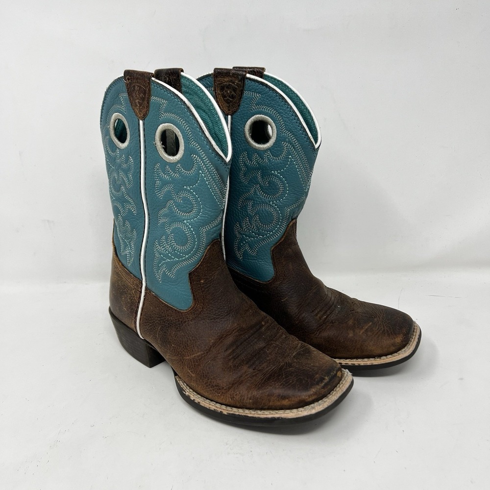 Ariat Crossfire Unisex Youth Teal Brown Square Toe Pull On Cowboy Boots Size 1